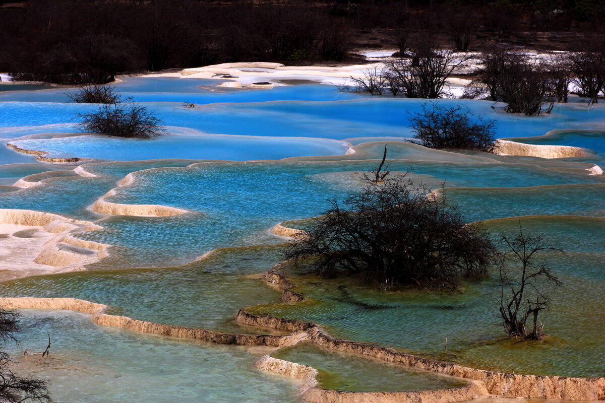 Turquoise and gold travertine pools cascading down a forested valley at Huanglong